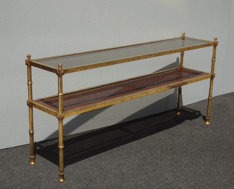 Vintage Hollywood Regency Gold Console Table Sofa Table w Cane Shelf gallery