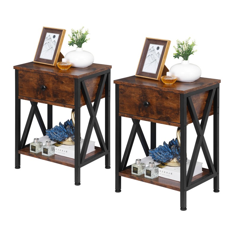 21.5" Wood Accent End Table With Storage Drawer for Living Room 2 Set of, Brown gallery