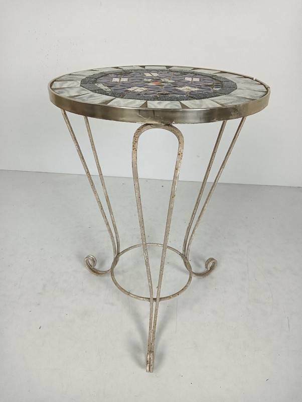Side Round Table Plant stand Ceramic Tiles Mosaic wrought Iron Legs vintage gallery