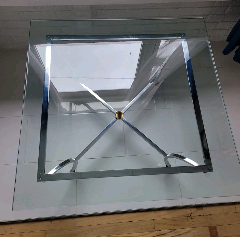 Maison Jansen Hollywood Regency Chrome Glass & Brass "Hoofed" Footed Table... gallery