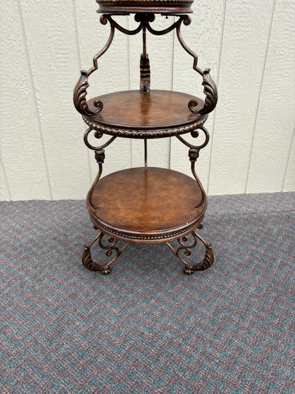 67831 Ornate Three-Tier Accent Table with Metal Scrollwork and Wood Finish gallery