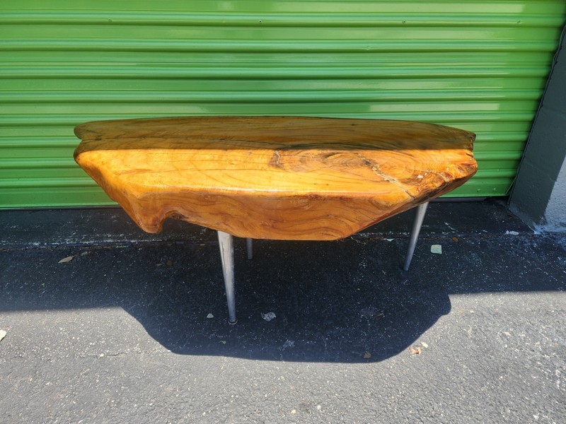Vintage handmade live oak cofee table with metal base legs