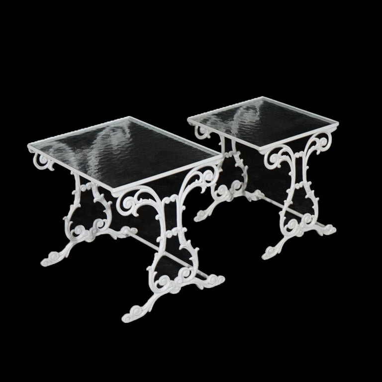 Two Painted Antique Wrought Iron Glass Top Patio Tables 20th C