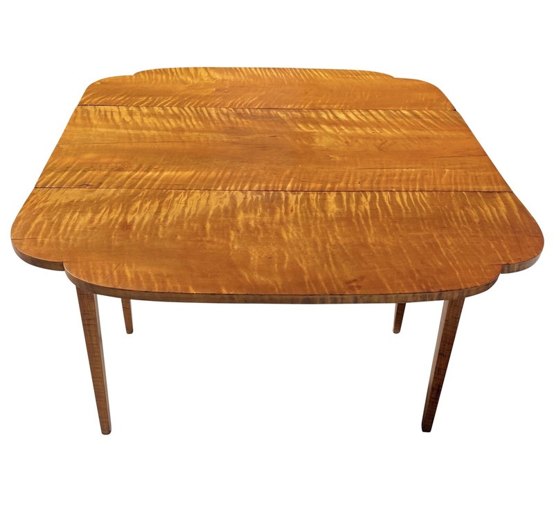 ANTIQUE FEDERAL PERIOD HEPPLEWHITE TIGER MAPLE DROP LEAF TABLE WITH OVOLO TOP gallery