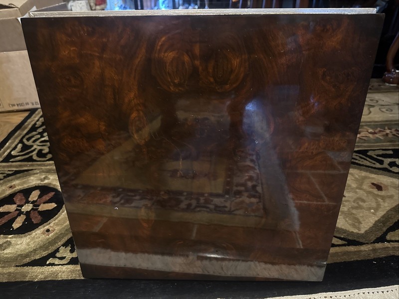 Designer Burl Wood Walnut Side Table Gold Gilt Pedestal Base Art Deco Square gallery