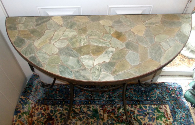 Vtg ROCK STONE MOSAIC CONSOLE Accent TABLE Demi Lune Wrought Iron Villa Garden gallery