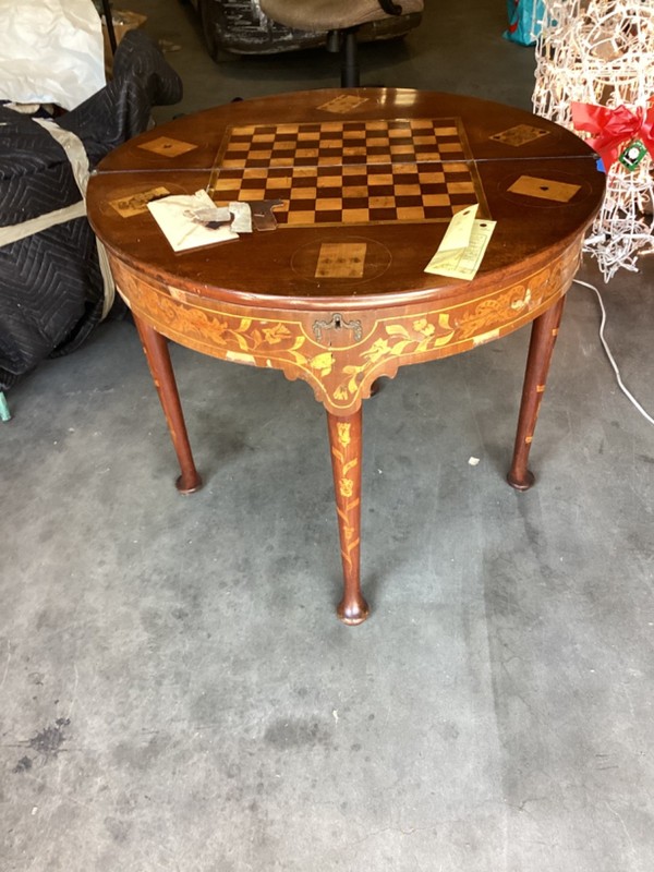 Antique French Inlay Flip Top Floral Console Game Table Veneer Damage Stunning gallery