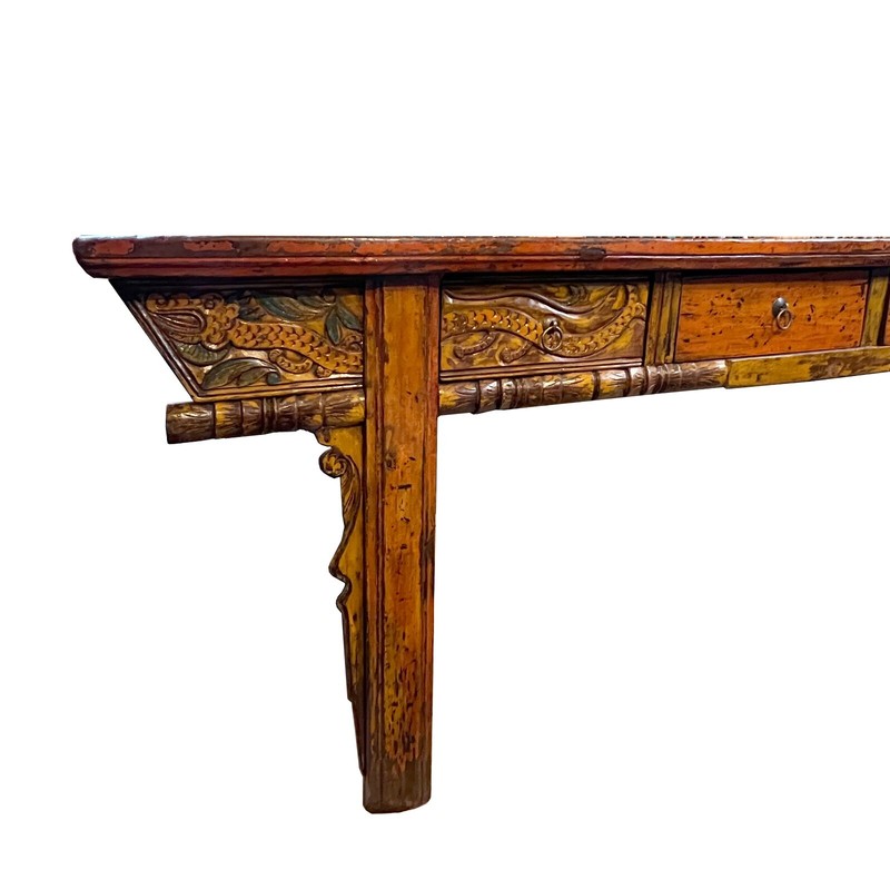 Chinese Vintage Distressed Orange Drawers Long Console Foyer Altar Table cs7570 gallery