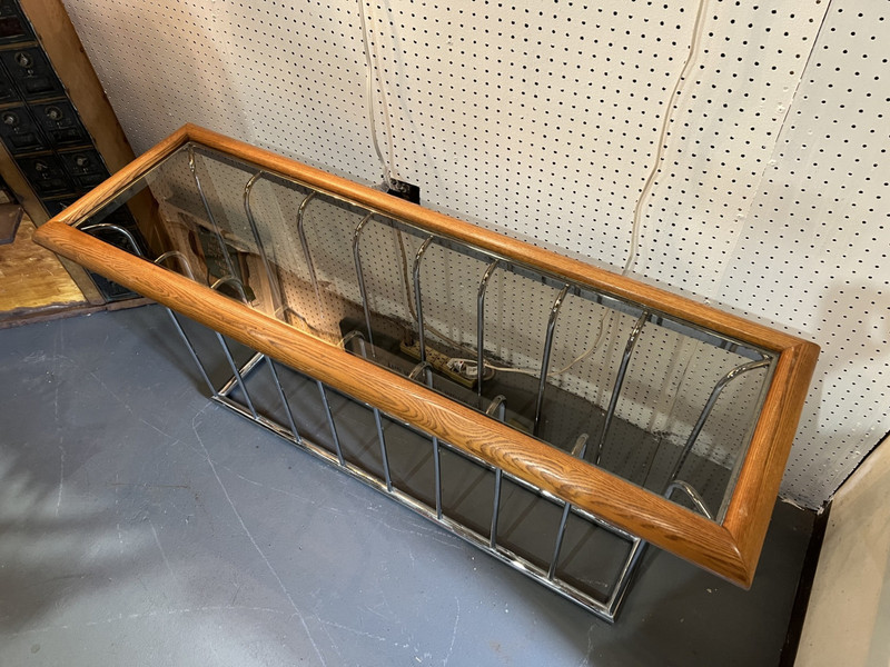 Mid Century Modern Milo Baughman Style Smoked Glass Console Table gallery