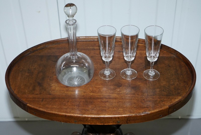 RARE VICTORIAN 1860 MAHOGANY DRINKS TABLE WITH CRYSTAL DECANTER & GLASSES WHEELS gallery