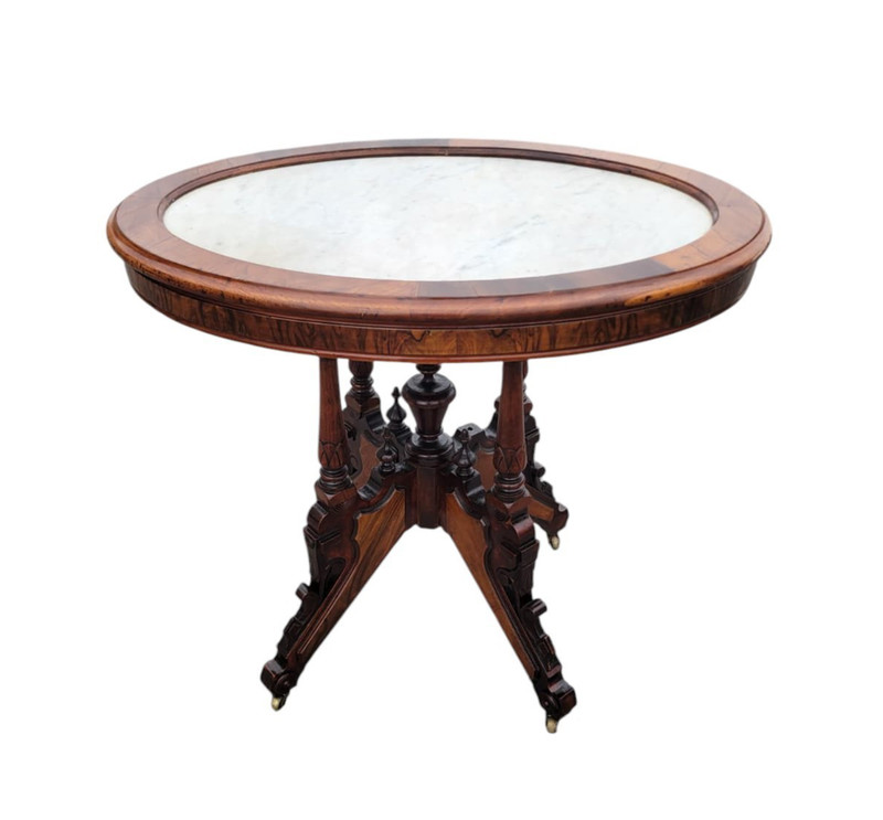 19th C American Victorian Walnut Marble Top Parlor Center Table Antique