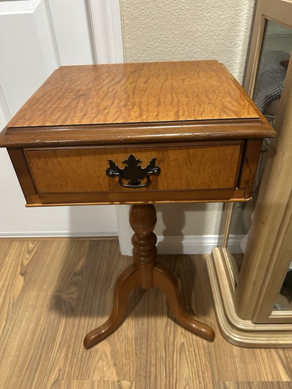 Antique Curly Tiger Maple Wood Side Table, Pedestal, DoveTail Drawer and 3 Legs gallery