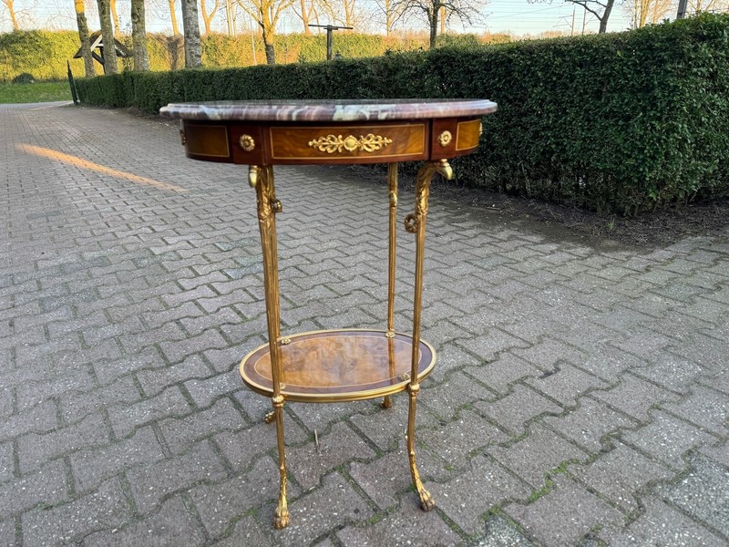 Tables French Louis XVI Mahogany Bronze Marble Oval Side Pair 1980 gallery