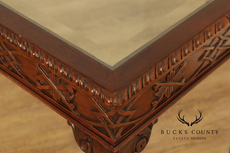 Chinese Chippendale Style Glass Top Mahogany Console Table gallery