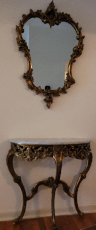 Antique Italian Console Table with Carrara Marble Top & Ornate Mirror, Wood