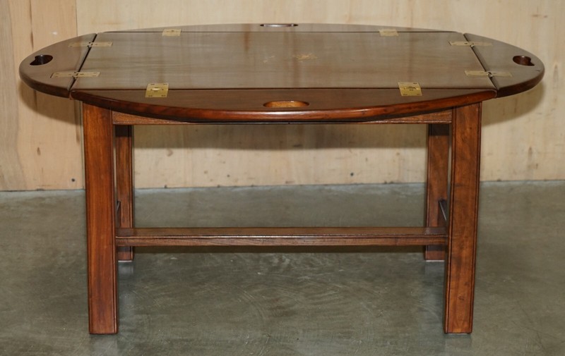 FINE VINTAGE ENGLISH MAHOGANY & BRASS BUTLERS TRAY TABLE WITH FOLDING SIDES gallery