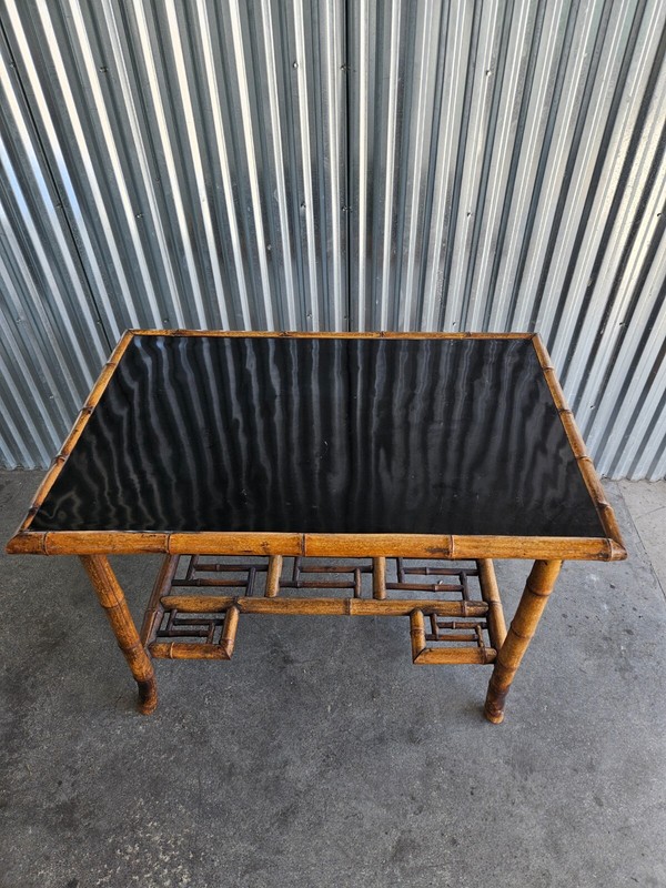 Rattan Chinese Chippendale Accent Table With Black lacquer Top gallery