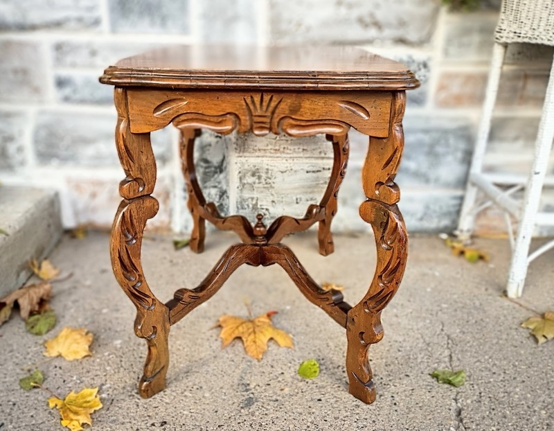 Vintage French Style Floral Carved Inlaid Wood Side End table gallery