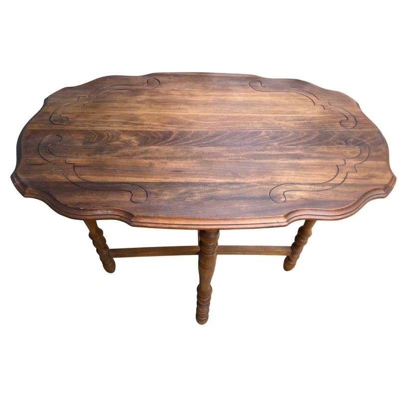 VTG Oval Solid Wood Parlor Sofa Table Carved Top w/ Ornate Spindle Legs