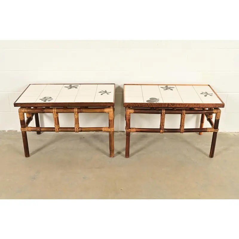 John Wisner for Ficks Reed Hollywood Regency Tile Top Side Tables, 1950s