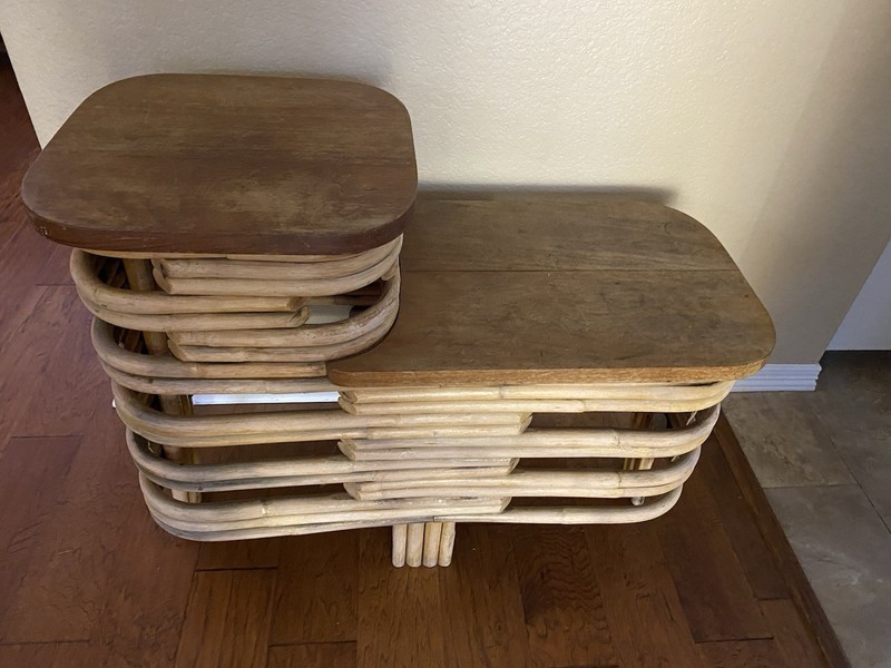 Paul Frankl Style Stacked Rattan Art Deco MCM side tiered table gallery