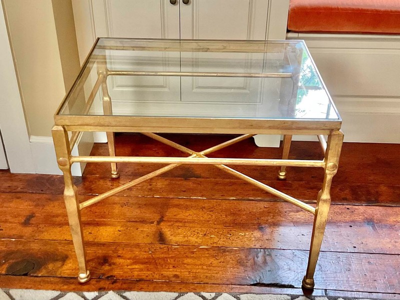Hollywood Regency Maison Jansen Style Gilt Iron Inset Glass Accent Side Table gallery