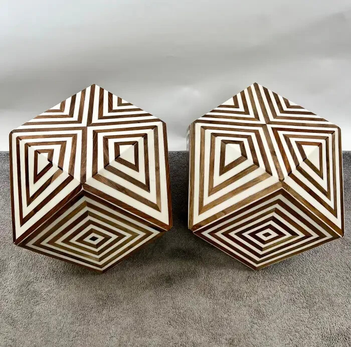 Art Deco Style Brown & White Sculptural Resin & Walnut Side or End Table, a Pair gallery