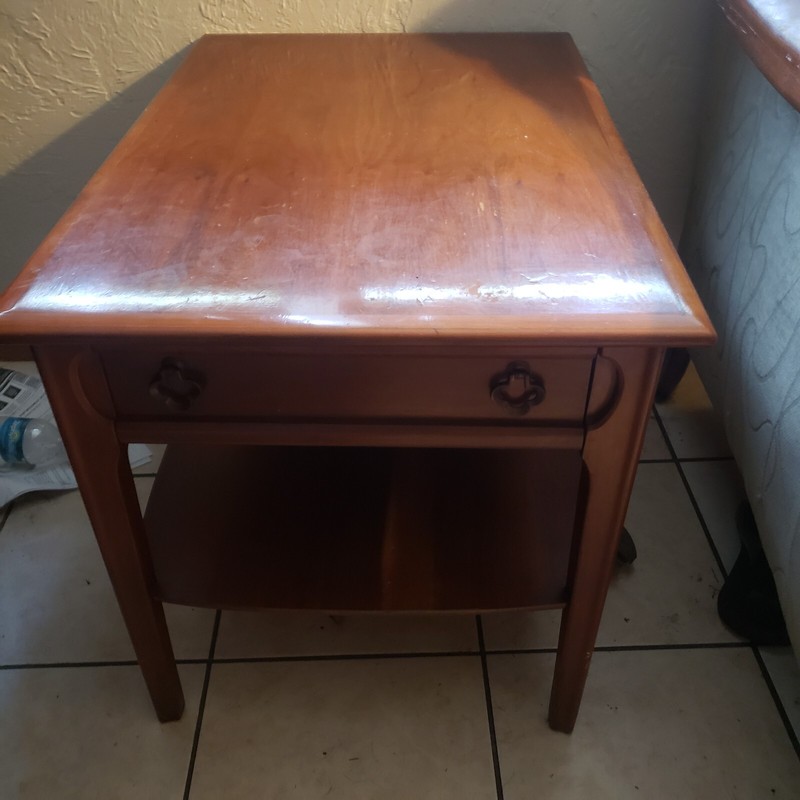 2-tier Mid Century Modern Mersman walnut table w/drawer & 2 shamrock pulls gallery