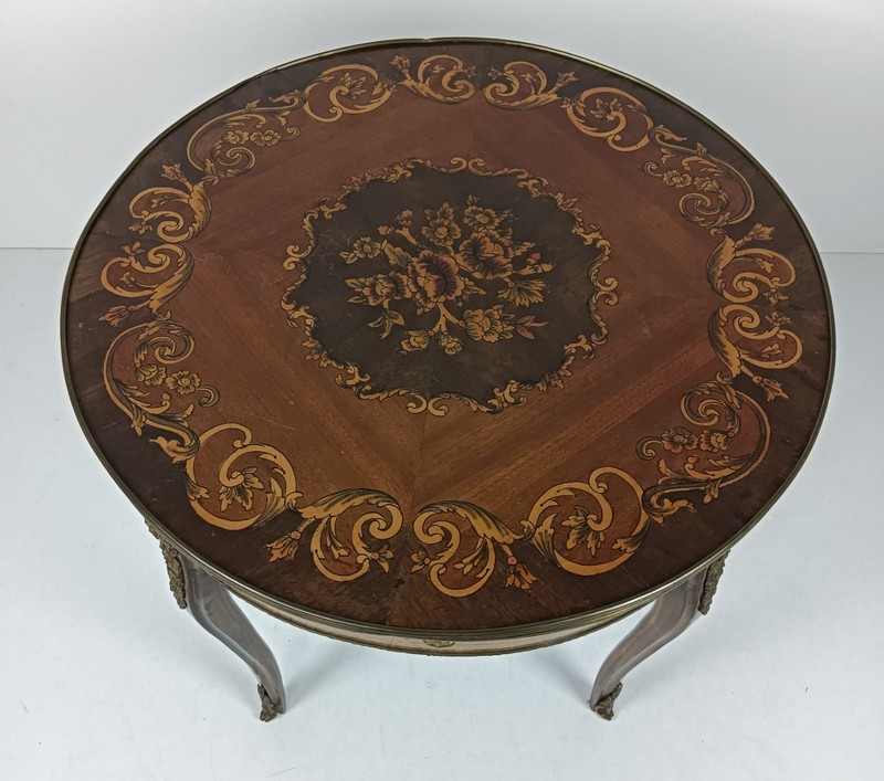 Round Italian marquetry wood inlay brass trims side coffee table Baroque style v gallery