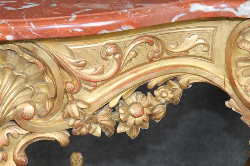 19th Century French Rococo Carved Giltwood Marble Top Console Table gallery
