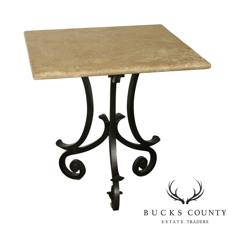 Hand Forged Iron Base 42″ Pub Table Square Travertine Top