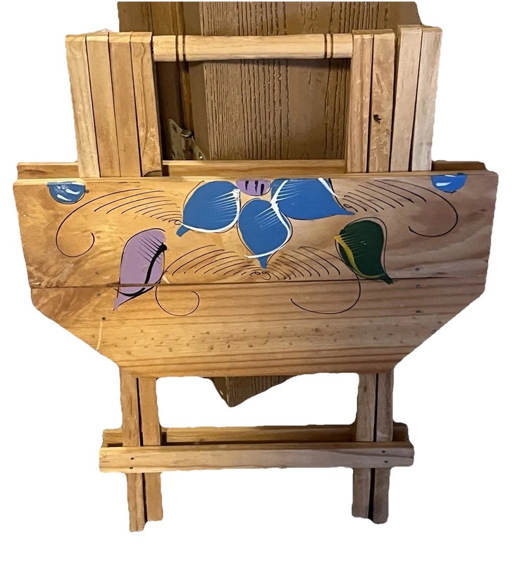 VTG Wood Folding TV Tray Table Octagon Hand Painted Floral Folk Art Mid Century gallery