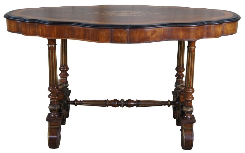 Antique American Renaissance Revival Serpentine Walnut Marquetry Center Table gallery