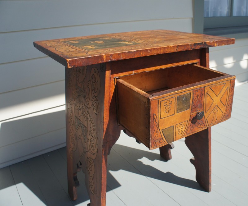RARE ARTS & CRAFTS/ TUDOR REVIVAL SIGNED PYROGRAPHY TABLE W/ EXTENSIVE ORNAMENT gallery