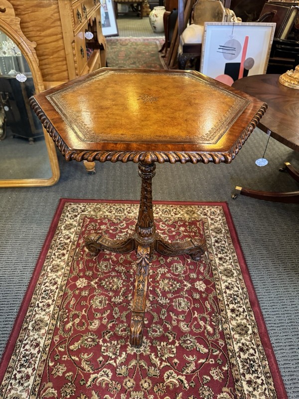 Vintage Maitland Smith Hexagonal Table with Embossed Leather Top and Tripod Feet gallery