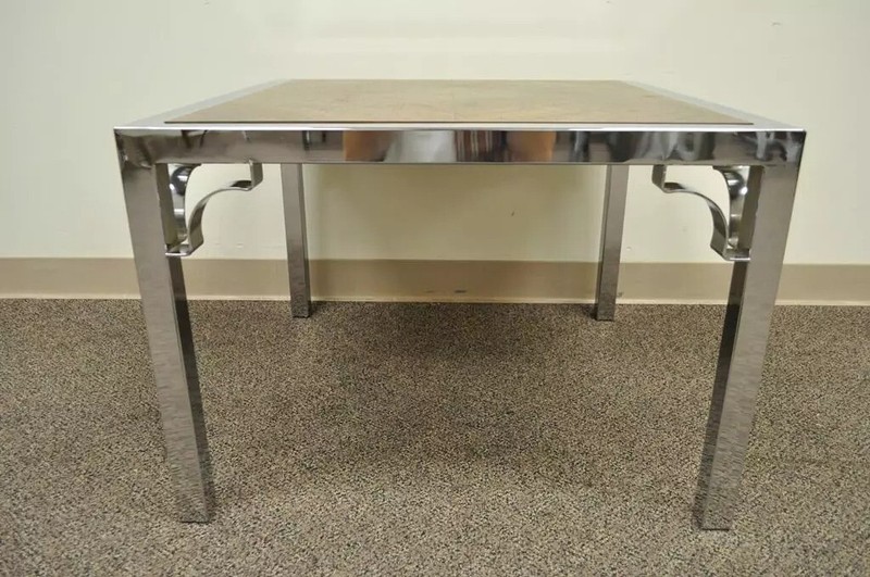 Vintage Mid Century Modern Chrome Fretwork & Walnut Square Side Table gallery