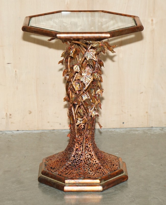STUNNING & UNIQUE PAIR OF VINTAGE 1960'S ITALIAN COPPER FLORAL SIDE END TABLES gallery