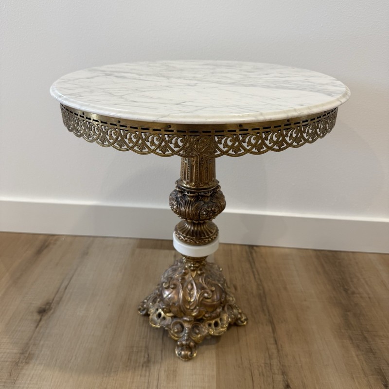 Vintage Hollywood Regency Ornate Brass & Carrara Marble Round Drinks Table