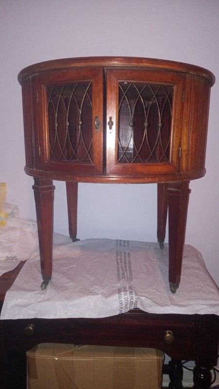 Beautiful Antique Mahogany Side Table W/ Double Doors On Metal Casters