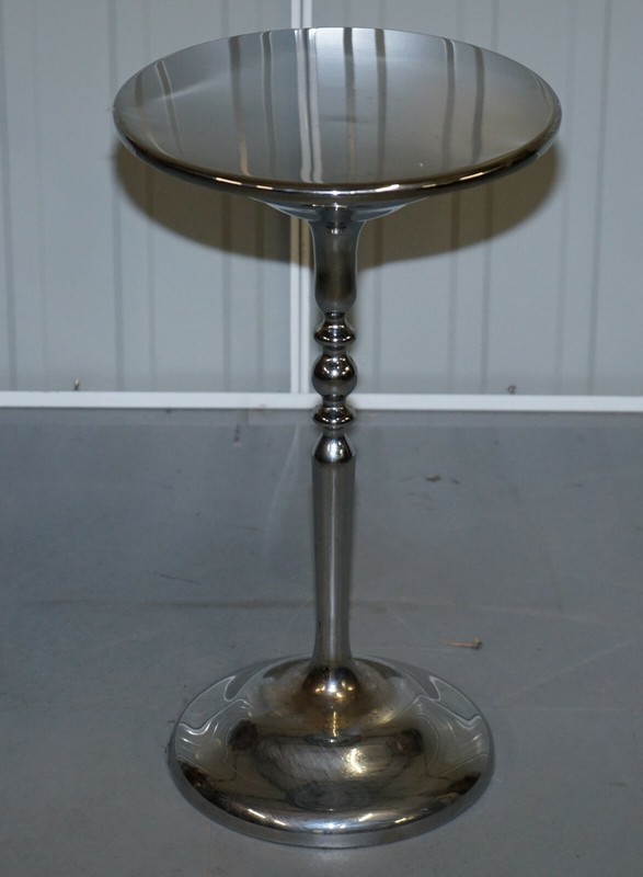PAIR OF CHROME PLATED VINTAGE SIDE TABLES ON SOLID OAK BASES PART OF LARGE SUITE gallery