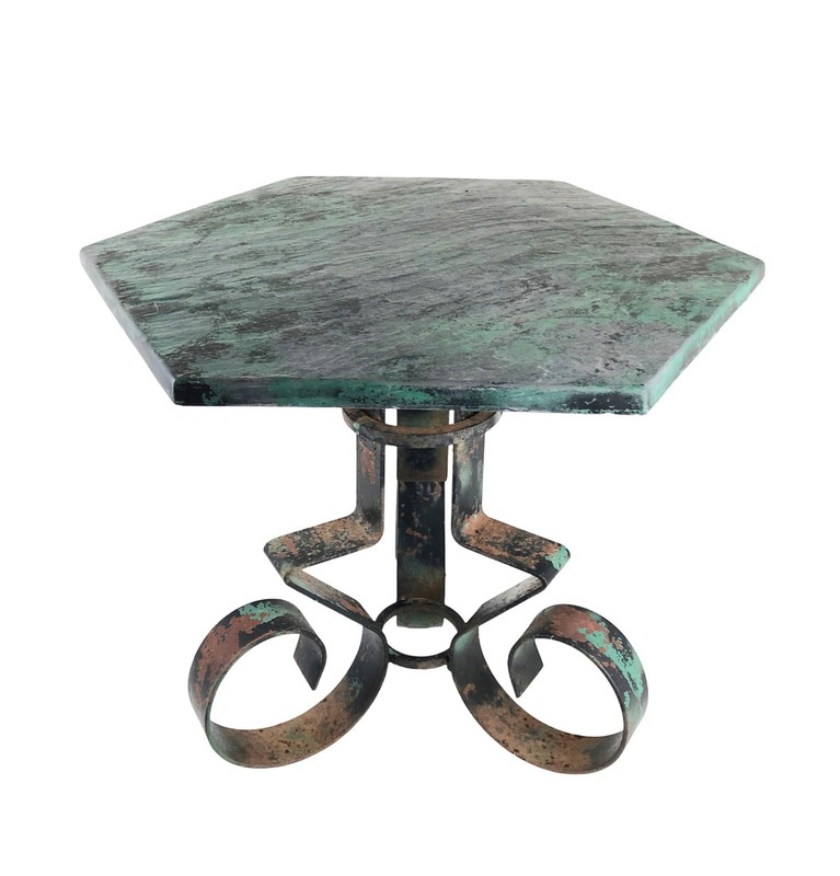 Vintage Hexagonal Textured Slate Top Side Table with Wrought Iron Legs
