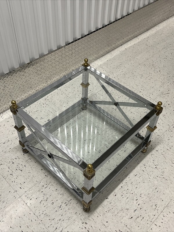 Vtg. Mid Century Maison Jansen Square Chrome Brass Glass X-Base Side End Table gallery