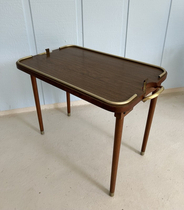 Vtg Campaign Style Fold Tray Table-Gilt Wood butler Serve Table By Scheibe-1950