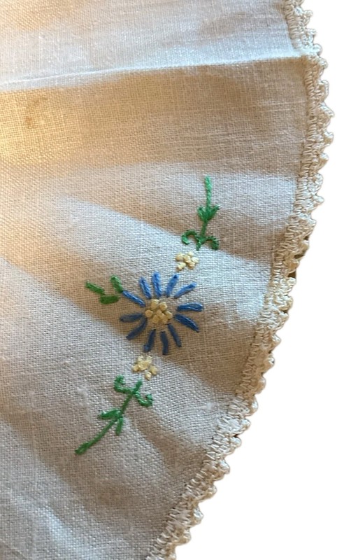 15” Vintage Small Round Emboidered Table Cloth With Lady And Flower (Handmade) gallery
