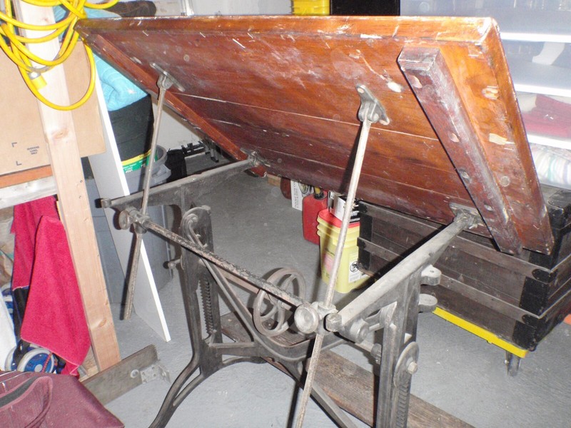 Adj. Vtg Antique Cast Iron Drafting Desk / Table Wooden top Keuffel & Esser gallery