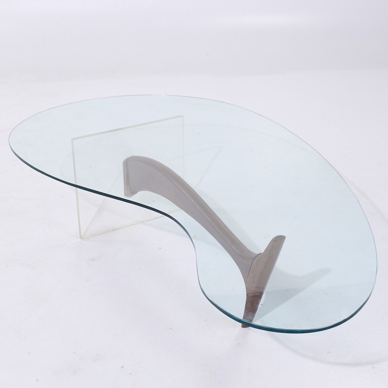 Vladimir Kagan Style Mid Century Walnut and Lucite Kidney Shaped Coffee Table gallery