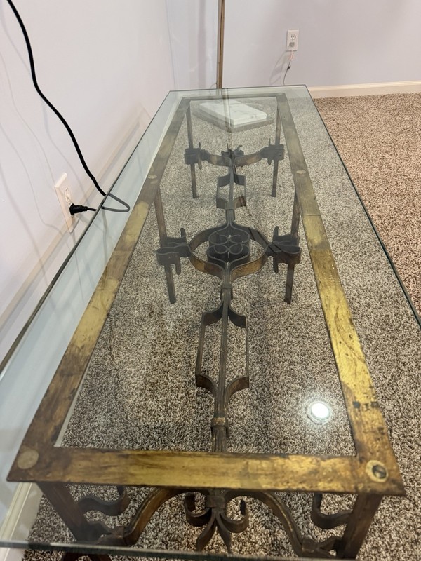 Century Gilt Wrought Iron Coffee Table Glass Top Hollywood Regency 1950s gallery