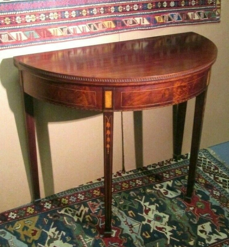ANTIQUE FEDERAL MAHOGANY CARD TABLE W/BELLFLOWER INLAY & FLUTED EDGE OLD SURFACE gallery