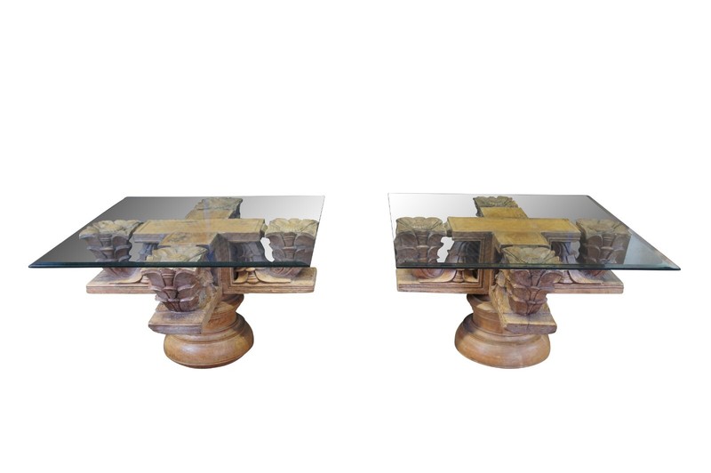 2 Antique Architectural Reclaimed Teak Ornamental Temple Pedestal Coffee Tables