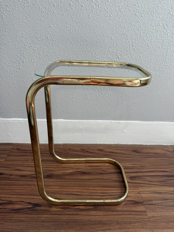 Vintage MCM Milo Baughman Style Brass Tone Glass Top Cantilever Side Table gallery